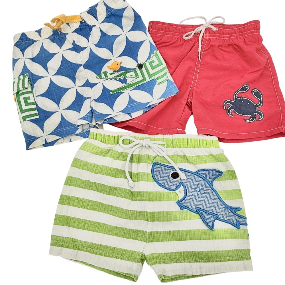 Mudpie Boutique Baby Boy 3 Pair Lot Swim Trunk Shorts 6-12M Shark Crab Alligator - Picture 1 of 9